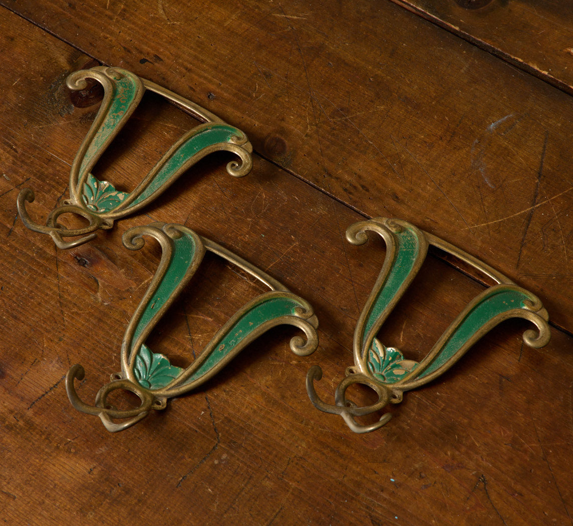 ITALIAN ART NOUVEAU BRASS & GREEN WALL HOOKS (SET OF 3)