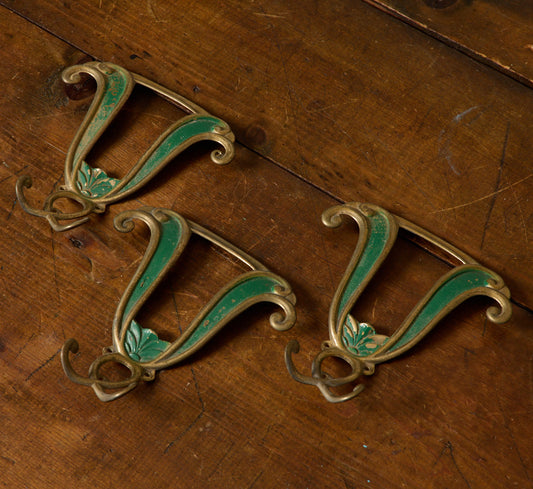 ITALIAN ART NOUVEAU BRASS & GREEN WALL HOOKS (SET OF 3)