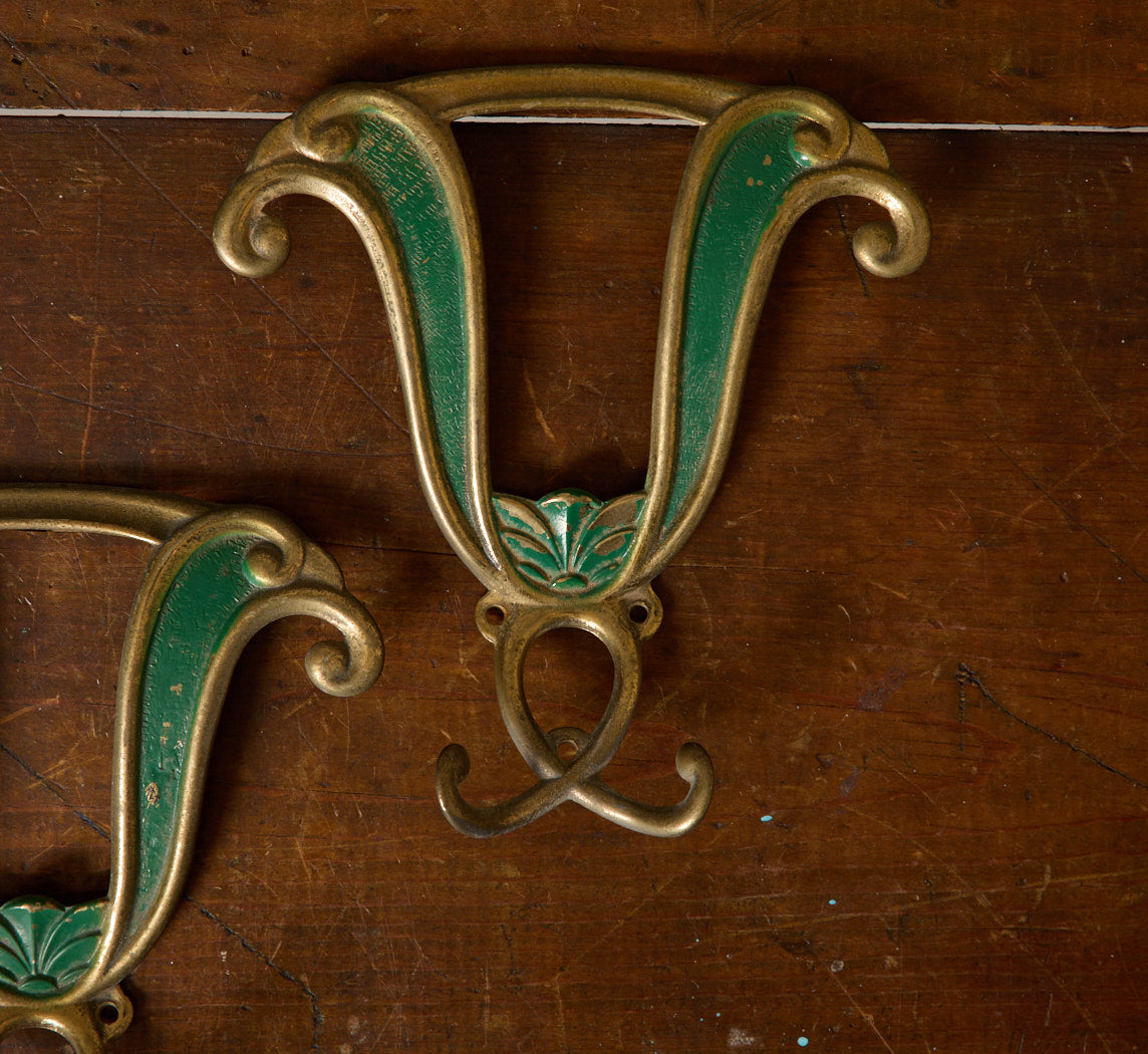 ITALIAN ART NOUVEAU BRASS & GREEN WALL HOOKS (SET OF 3)