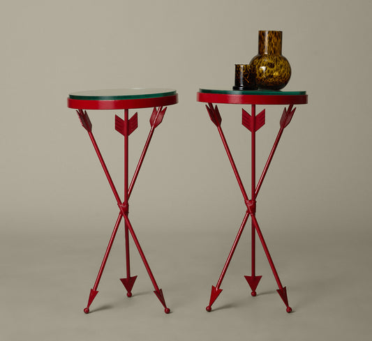 FRENCH 1940S WROUGHT IRON AND GLASS TABLES WITH ARROW FORM LEGS (CRIMSON)