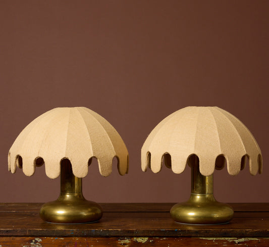 PAIR OF POSTMODERN BRASS TABLE LAMP BASES WITH MEDUSA SHADES IN BUTTER RAW SILK