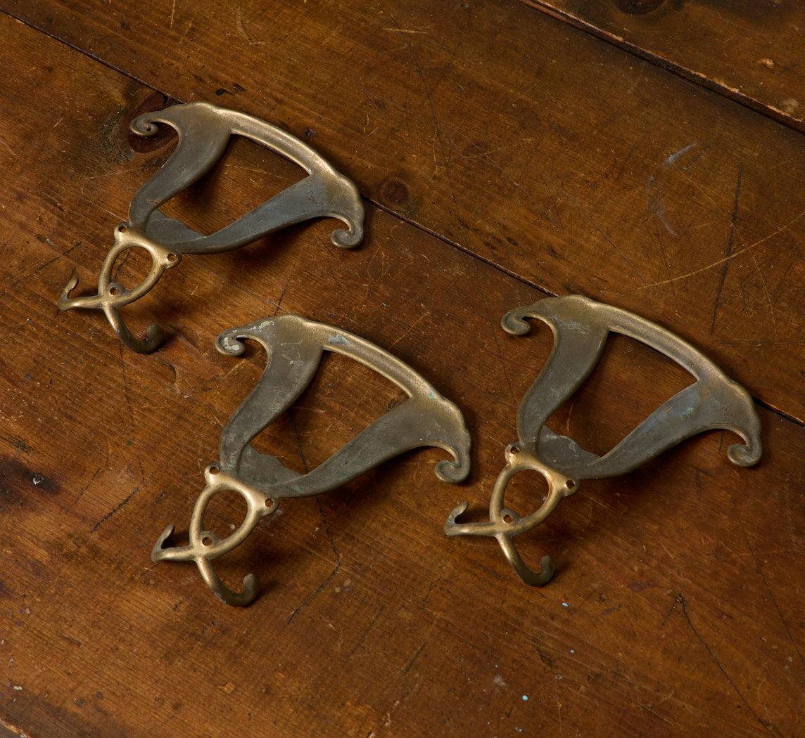 ITALIAN ART NOUVEAU BRASS & GREEN WALL HOOKS (SET OF 3)