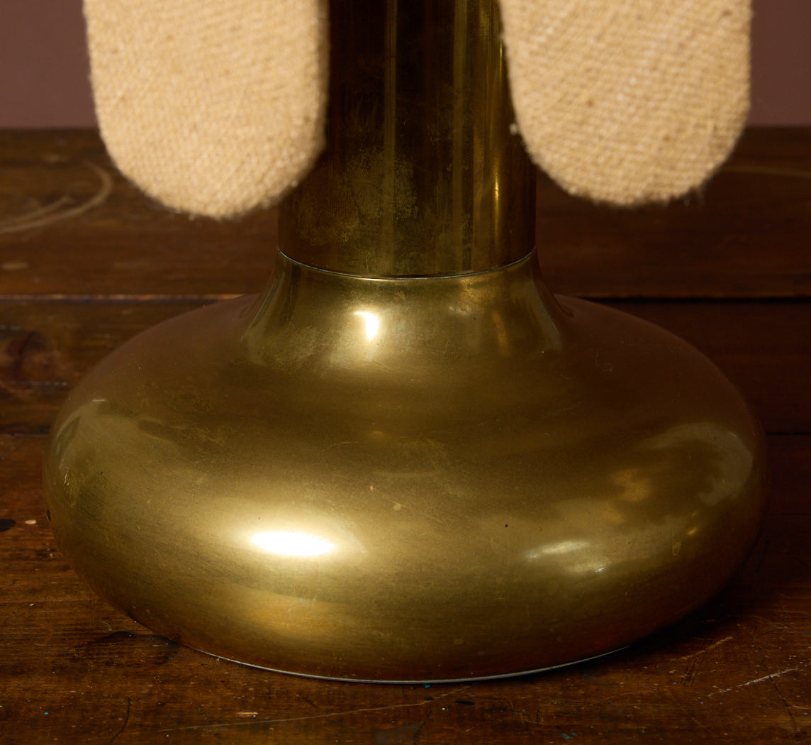 PAIR OF POSTMODERN BRASS TABLE LAMP BASES WITH MEDUSA SHADES IN BUTTER RAW SILK