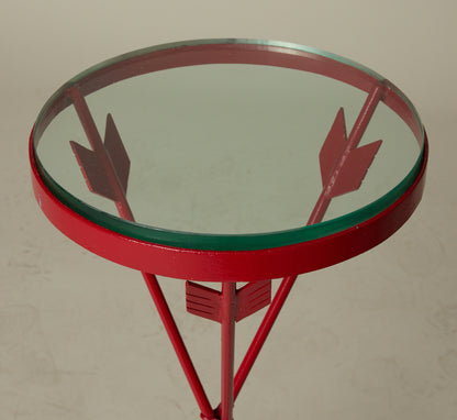 FRENCH 1940S WROUGHT IRON AND GLASS TABLES WITH ARROW FORM LEGS (CRIMSON)