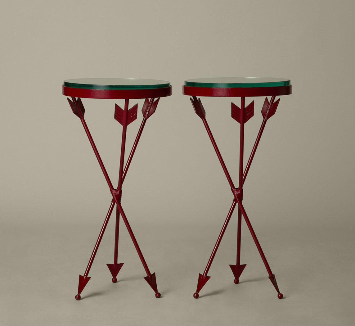 FRENCH 1940S WROUGHT IRON AND GLASS TABLES WITH ARROW FORM LEGS (BURGUNDY)