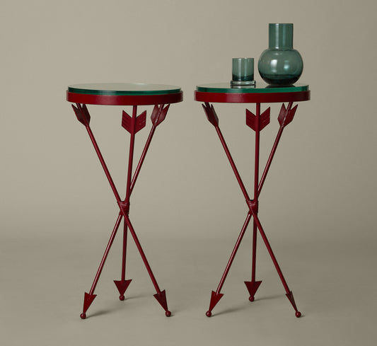 FRENCH 1940S WROUGHT IRON AND GLASS TABLES WITH ARROW FORM LEGS (BURGUNDY)