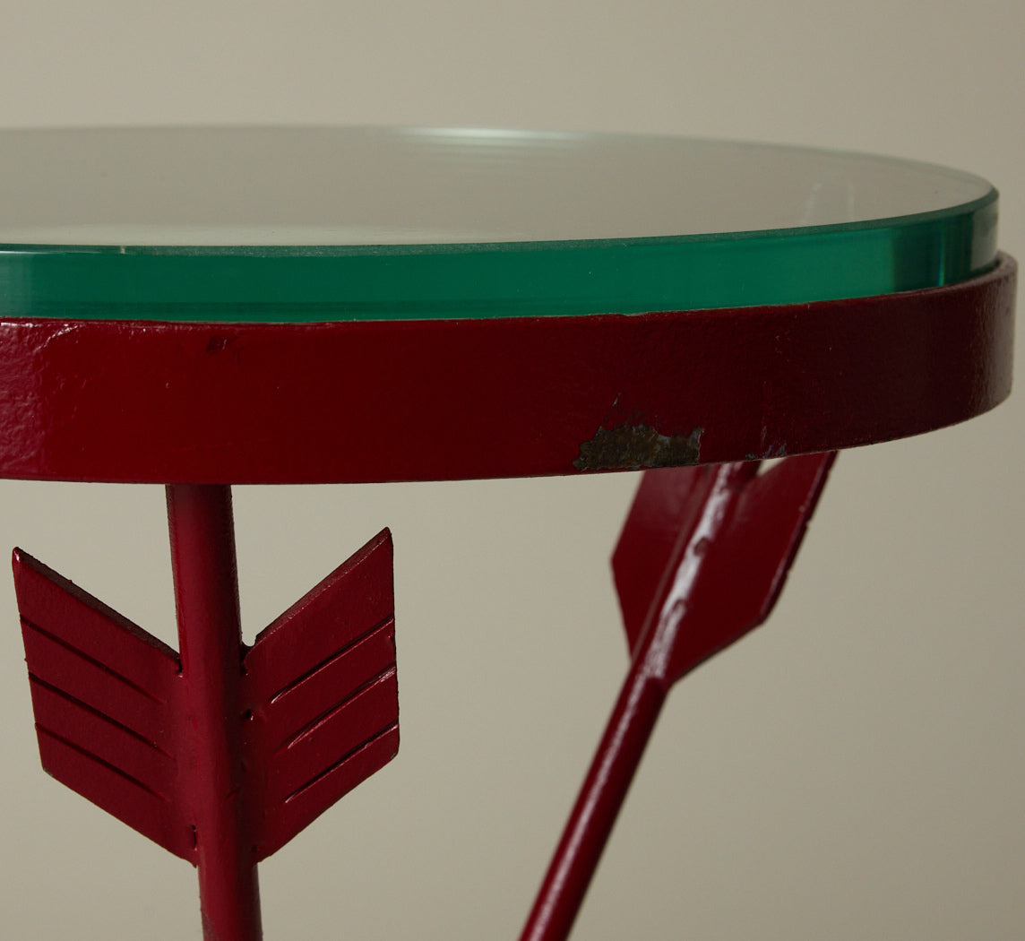FRENCH 1940S WROUGHT IRON AND GLASS TABLES WITH ARROW FORM LEGS (BURGUNDY)