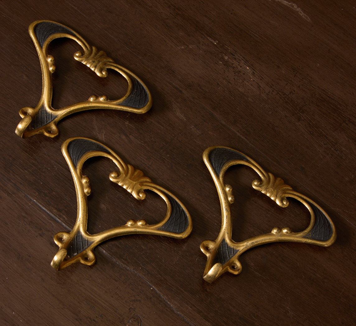 SET OF 3 ANTIQUE ITALIAN ART NOUVEAU BLACK & BRASS WALL HOOKS