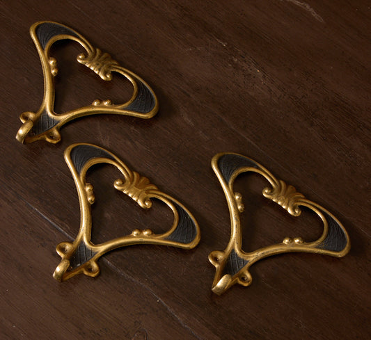 SET OF 3 ANTIQUE ITALIAN ART NOUVEAU BLACK & BRASS WALL HOOKS