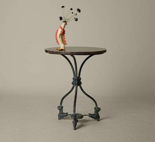 ANTIQUE ENGLISH WROUGHT IRON GARDEN TABLE WITH A GRANITE TOP