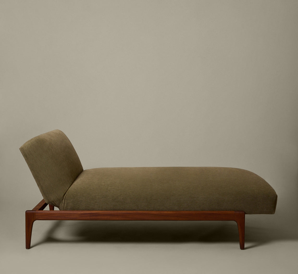 1950S DANISH TEAK DAYBED IN SAGE GREEN MOHAIR