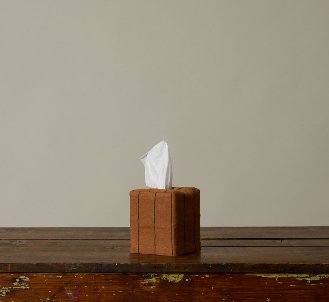 PIERCE & WARD CARAMEL LINEN STRIPE TISSUE BOX COVER