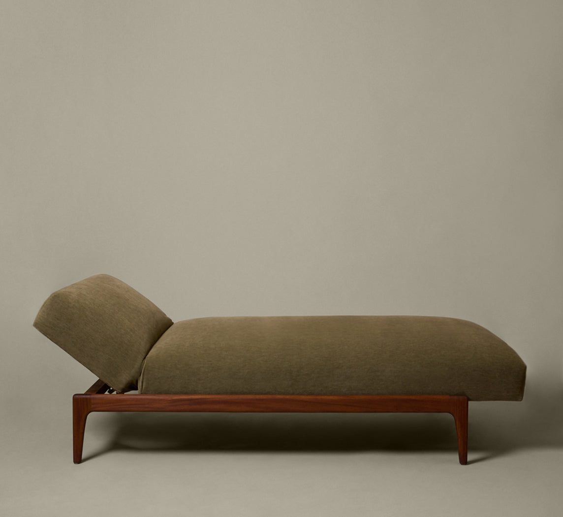 1950S DANISH TEAK DAYBED IN SAGE GREEN MOHAIR