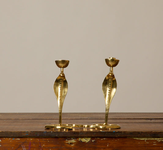 PAIR OF VINTAGE BRASS KING COBRA CANDLESTICK HOLDERS I