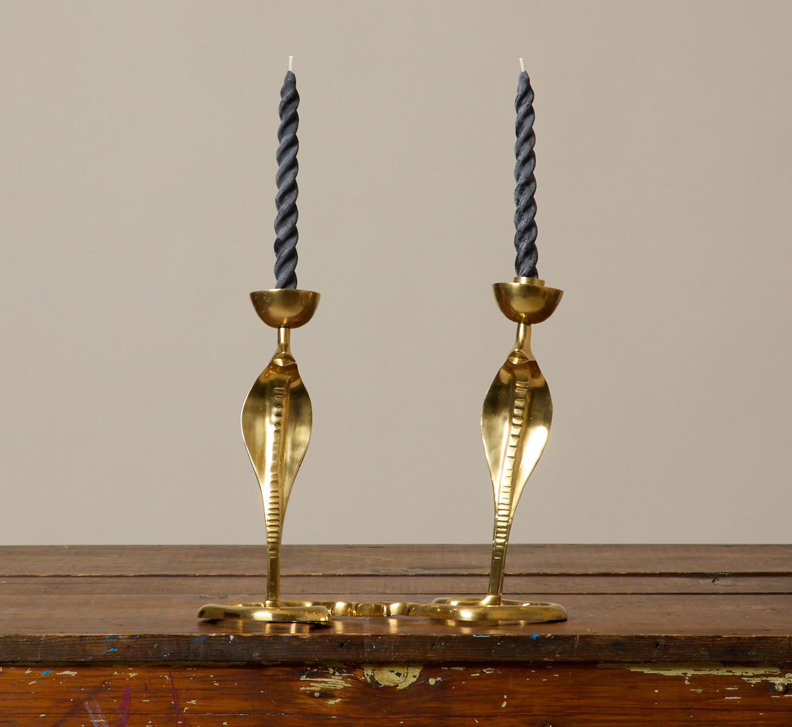 PAIR OF VINTAGE BRASS KING COBRA CANDLESTICK HOLDERS I