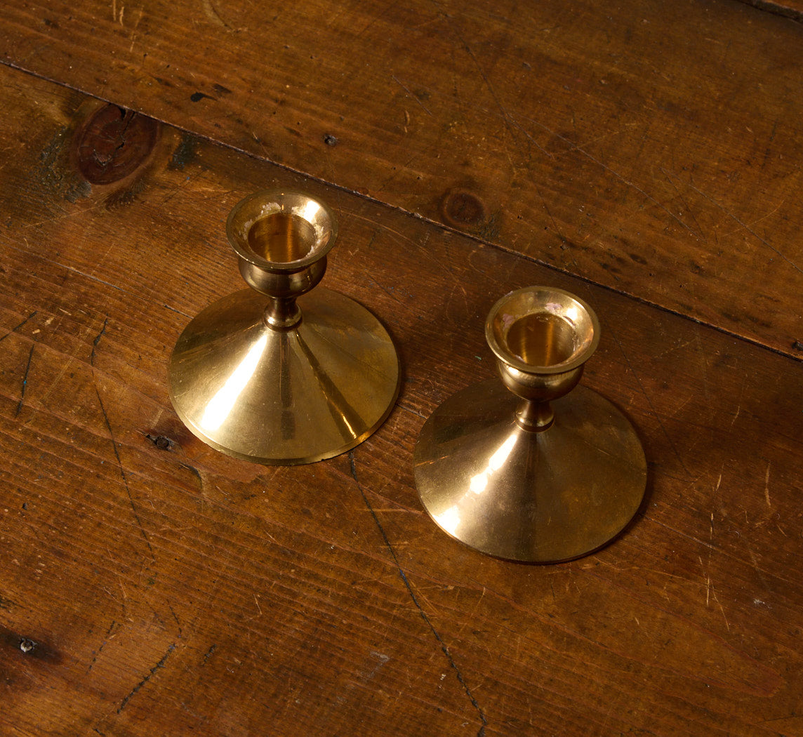 PAIR OF MIDCENTURY FLARED BRASS CANDLESTICK HOLDERS