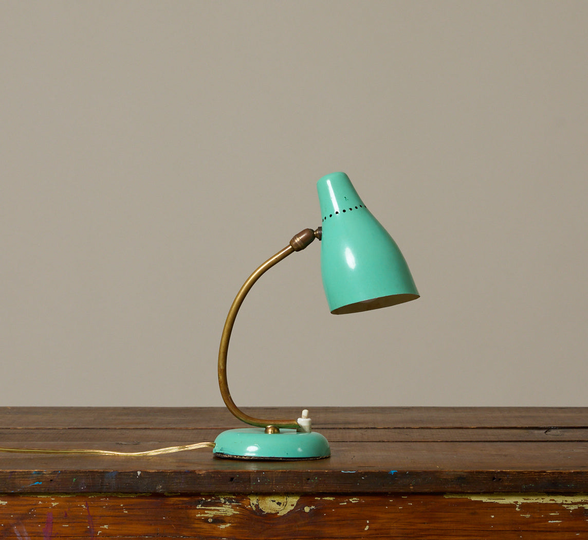 1950S ITALIAN MID-CENTURY BRASS AND TURQUOISE ENAMEL DESK LAMP