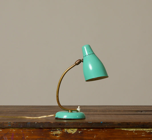 1950S ITALIAN MID-CENTURY BRASS AND TURQUOISE ENAMEL DESK LAMP