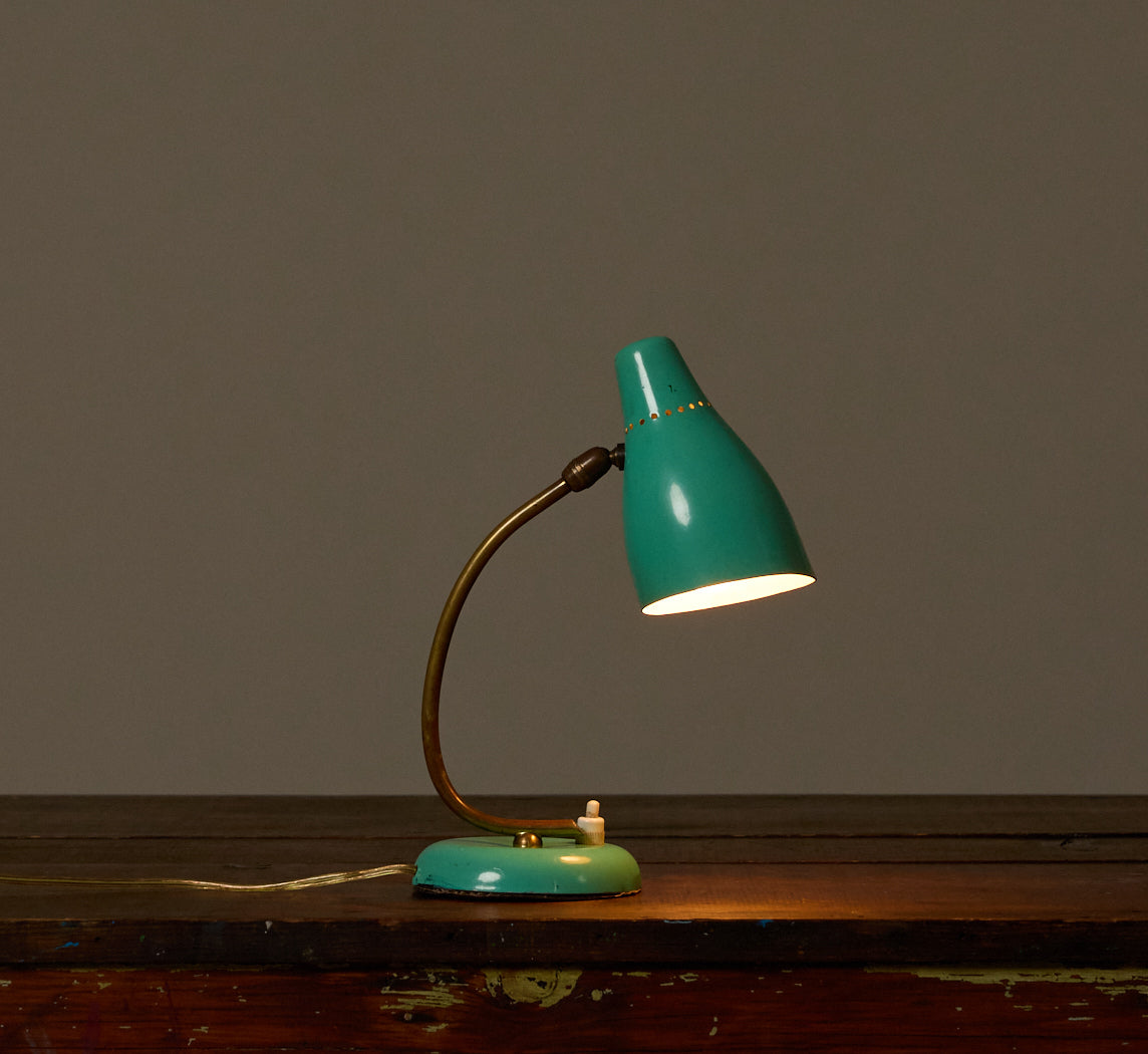 1950S ITALIAN MID-CENTURY BRASS AND TURQUOISE ENAMEL DESK LAMP