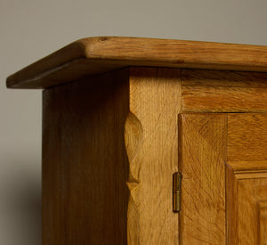 1970'S DANISH OAK SIDE BOARD WITH GLASS  DOORS IN THE MANNER OF HENNING KJÆRNULF