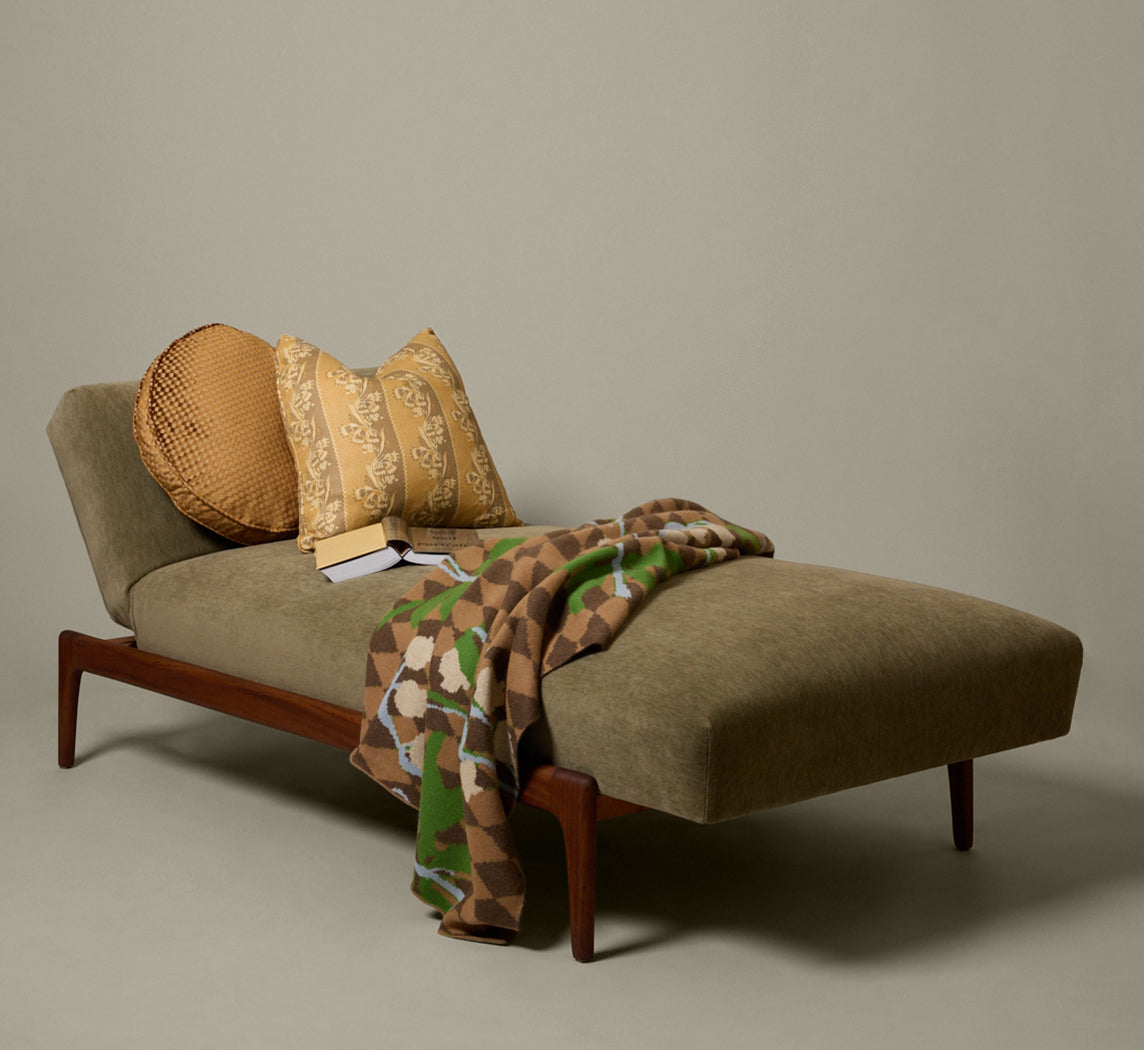 1950S DANISH TEAK DAYBED IN SAGE GREEN MOHAIR