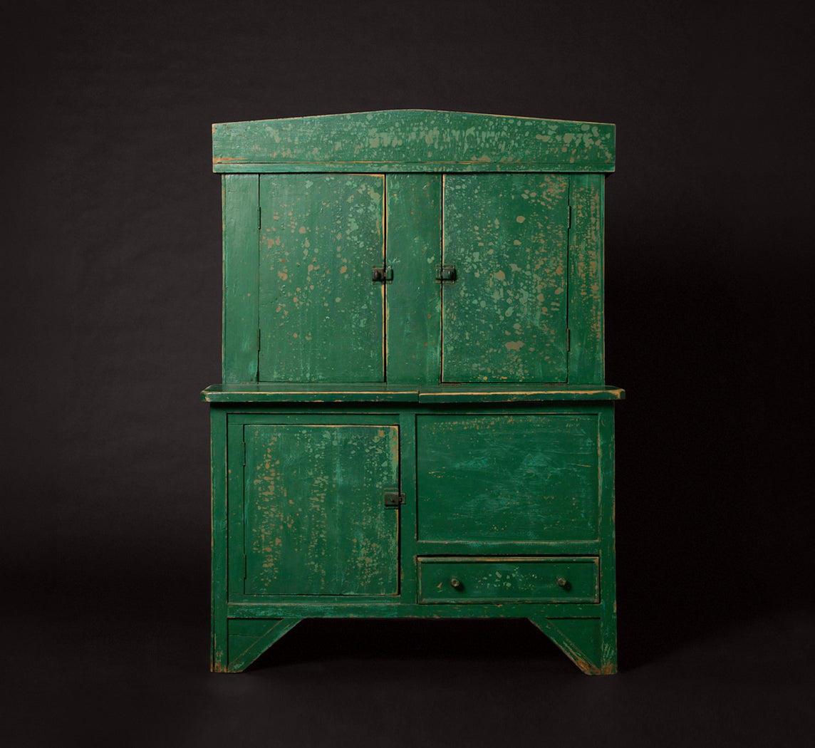 19TH CENTURY GREEN PAINTED STEP BACK CUPBOARD