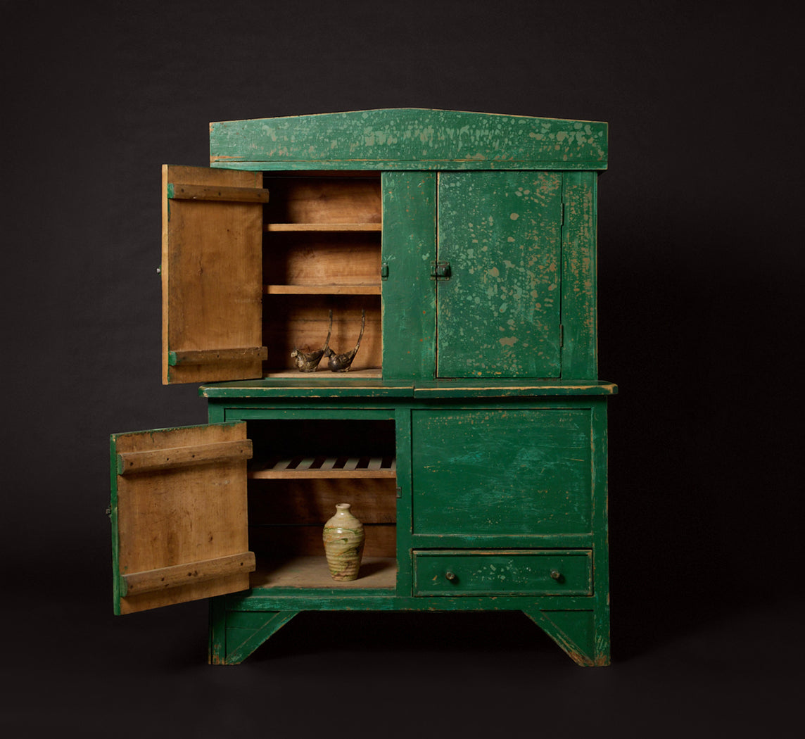 19TH CENTURY GREEN PAINTED STEP BACK CUPBOARD