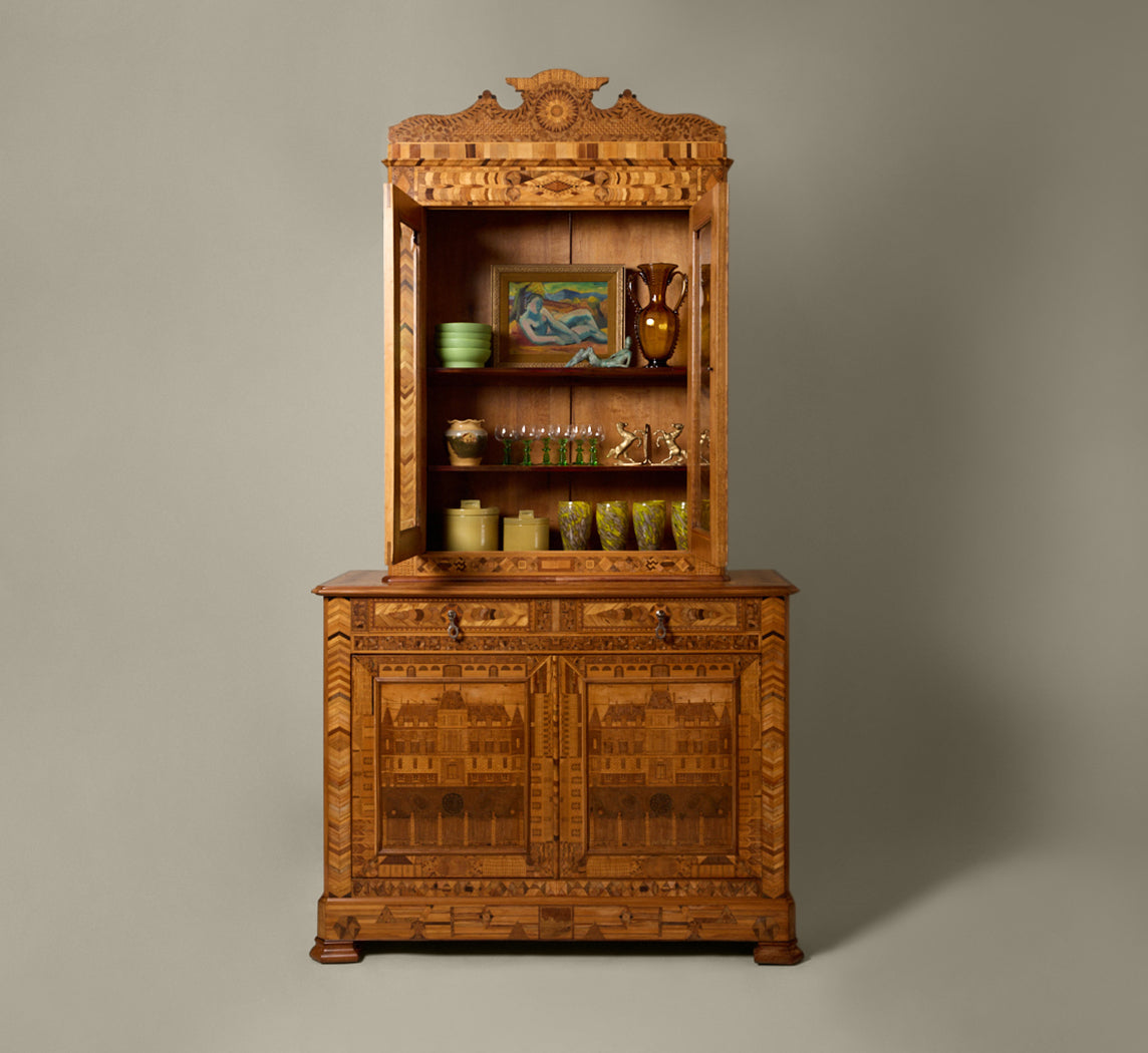 LATE 19TH CENTURY FRENCH STRAW MARQUETRY DEUX-CORPS DISPLAY CABINET