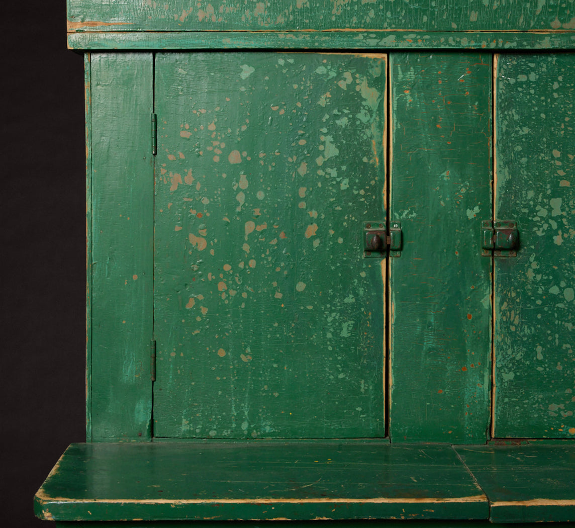 19TH CENTURY GREEN PAINTED STEP BACK CUPBOARD