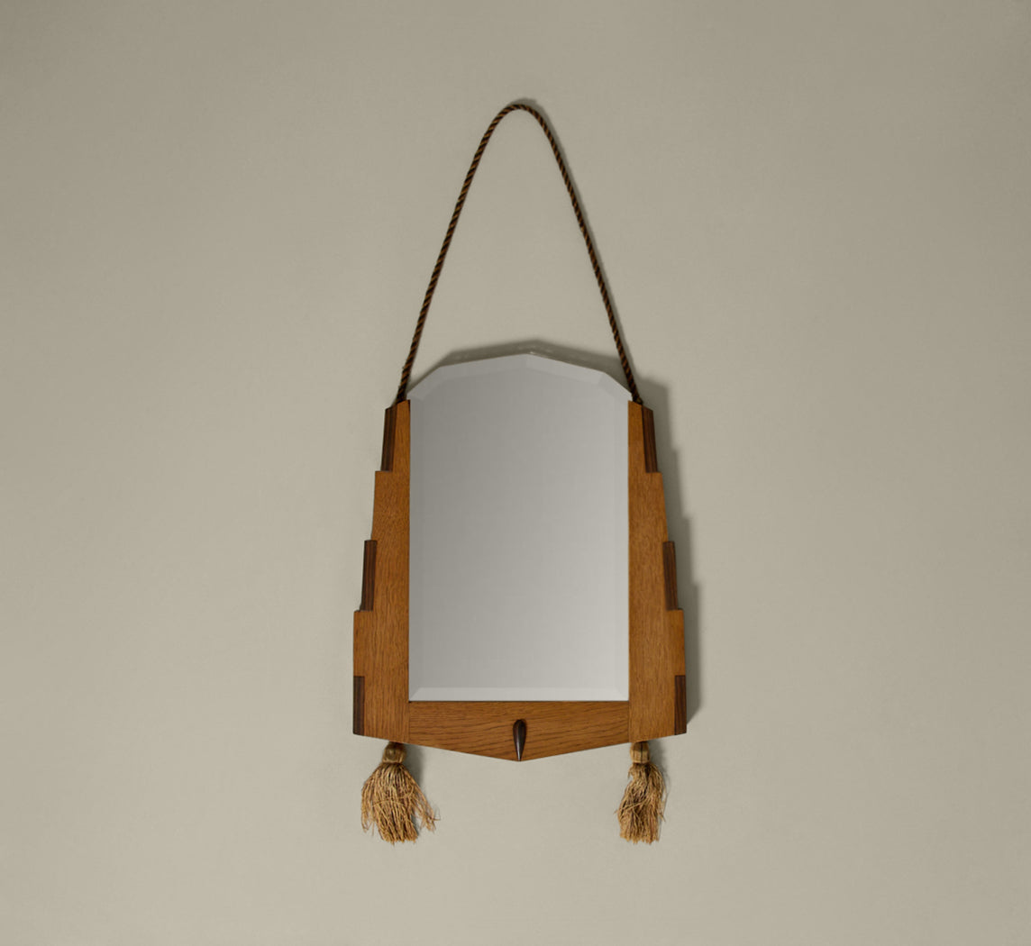 1920S ART DECO WALL MIRROR WITH OAK FRAME & TASSELS