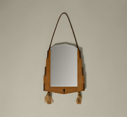 1920S ART DECO WALL MIRROR WITH OAK FRAME & TASSELS
