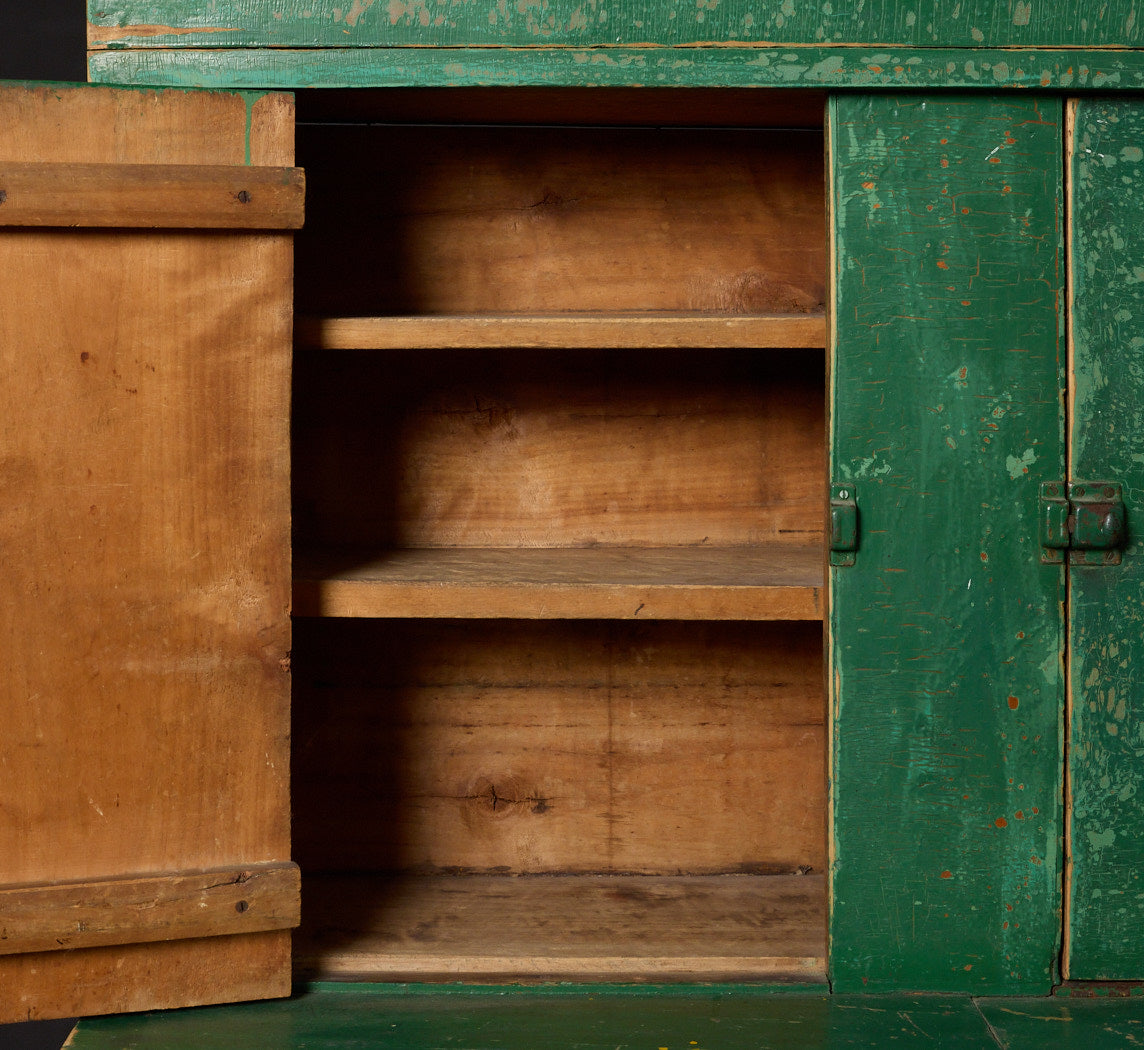 19TH CENTURY GREEN PAINTED STEP BACK CUPBOARD