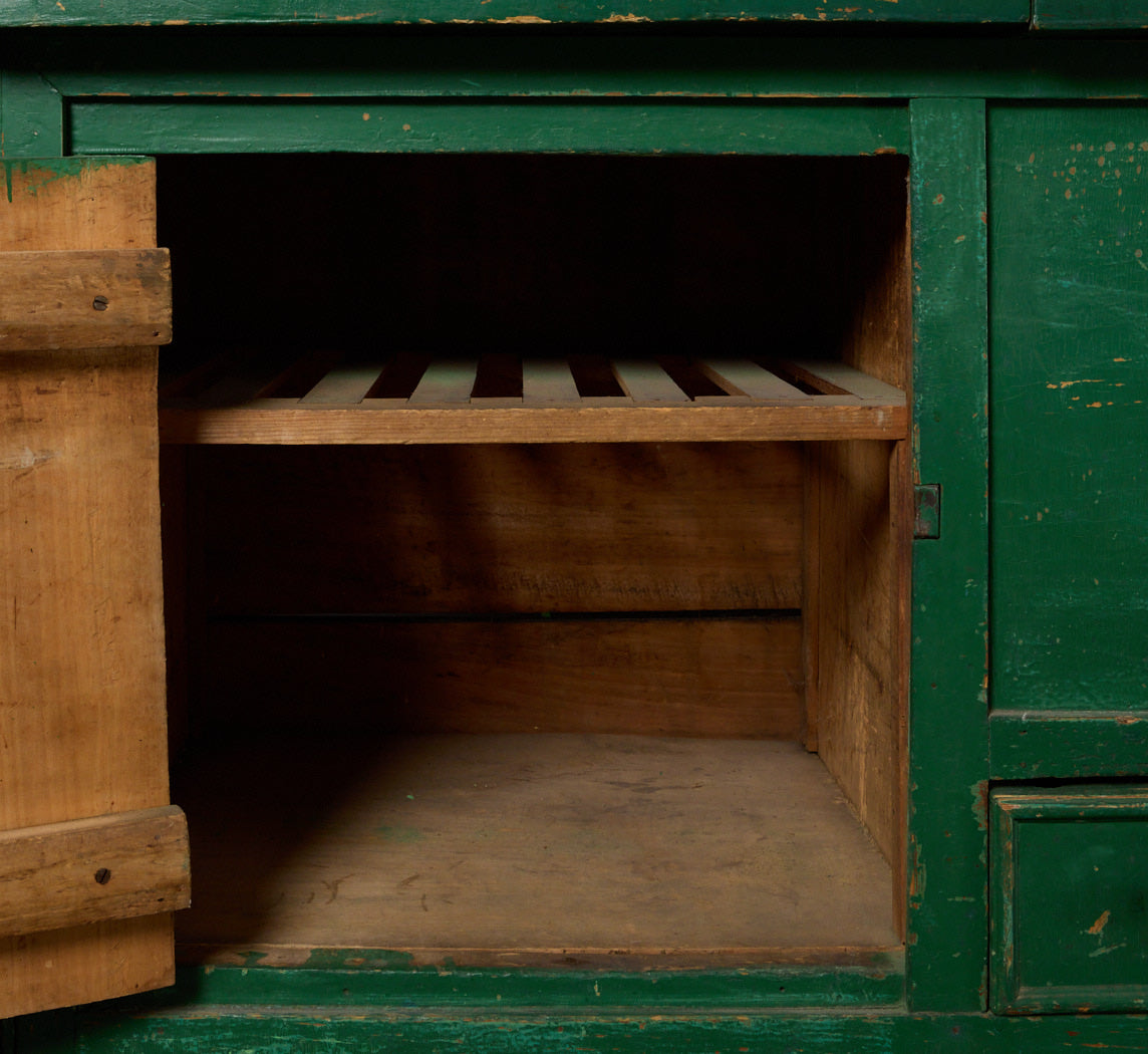 19TH CENTURY GREEN PAINTED STEP BACK CUPBOARD