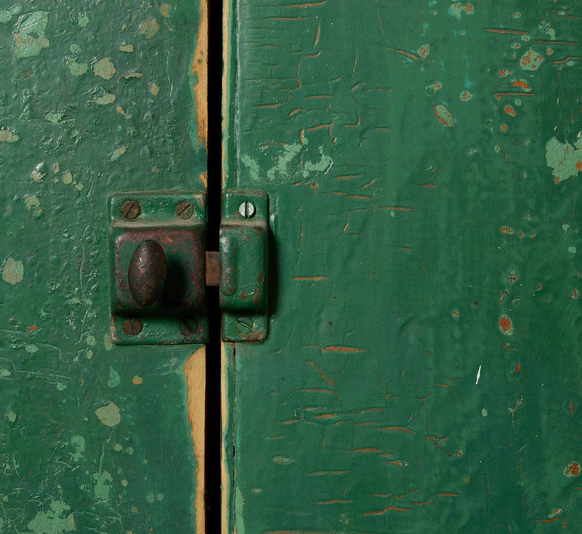 19TH CENTURY GREEN PAINTED STEP BACK CUPBOARD