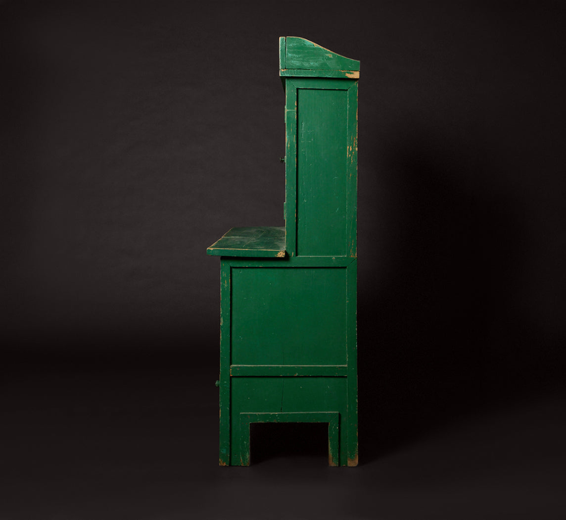19TH CENTURY GREEN PAINTED STEP BACK CUPBOARD