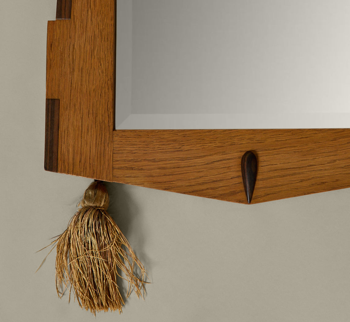 1920S ART DECO WALL MIRROR WITH OAK FRAME & TASSELS