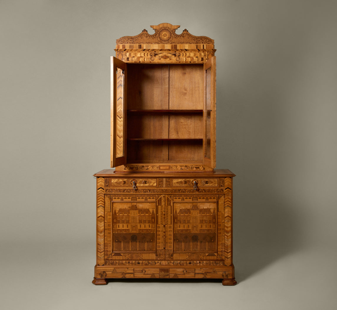 LATE 19TH CENTURY FRENCH STRAW MARQUETRY DEUX-CORPS DISPLAY CABINET