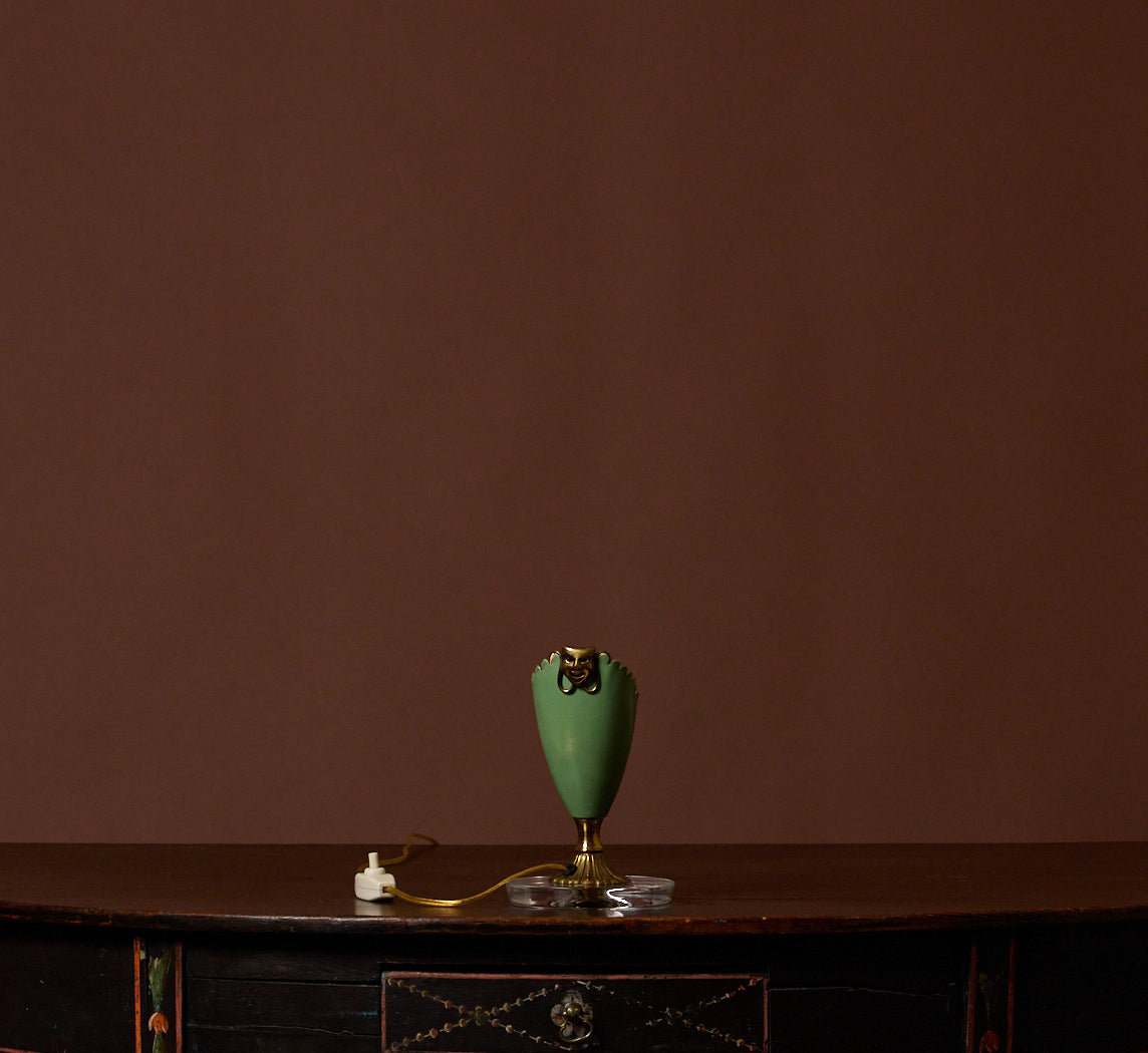 PETITE 1950S ITALIAN CARNIVAL MASK TABLE LAMP IN GREEN & LUCITE