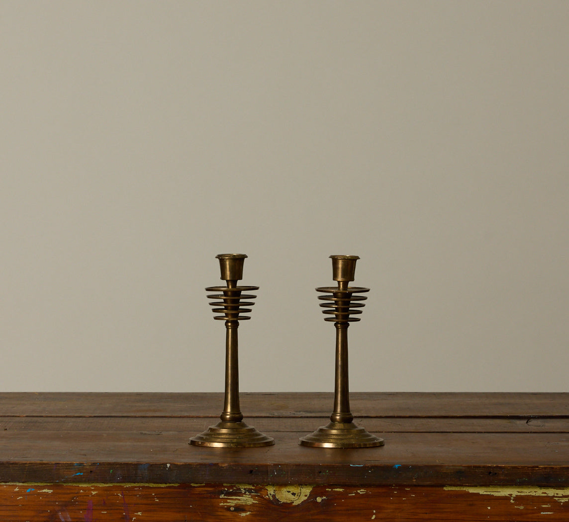 PAIR OF MCM ART DECO BRASS CANDLESTICK HOLDERS