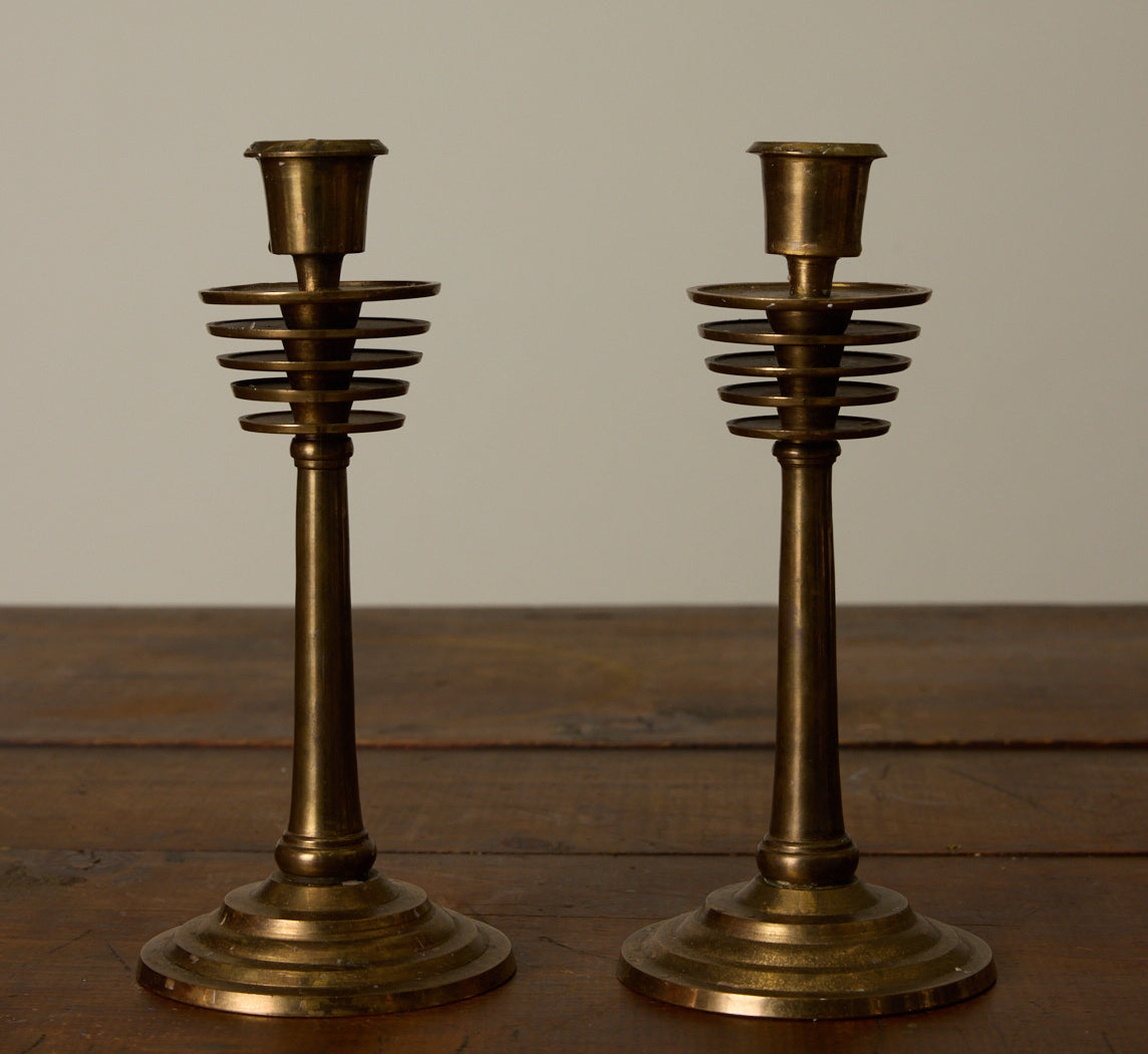 PAIR OF MCM ART DECO BRASS CANDLESTICK HOLDERS