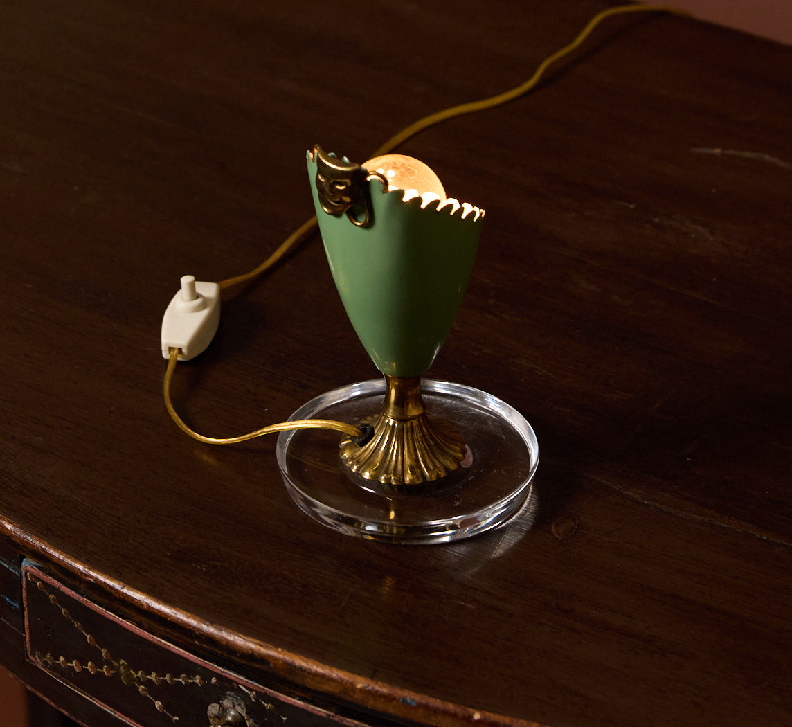 PETITE 1950S ITALIAN CARNIVAL MASK TABLE LAMP IN GREEN & LUCITE