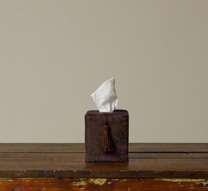 PIERCE & WARD VILLAGE SCENE IN PLUM LINEN TISSUE BOX COVER