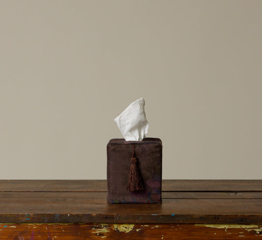 PIERCE & WARD VILLAGE SCENE IN PLUM LINEN TISSUE BOX COVER