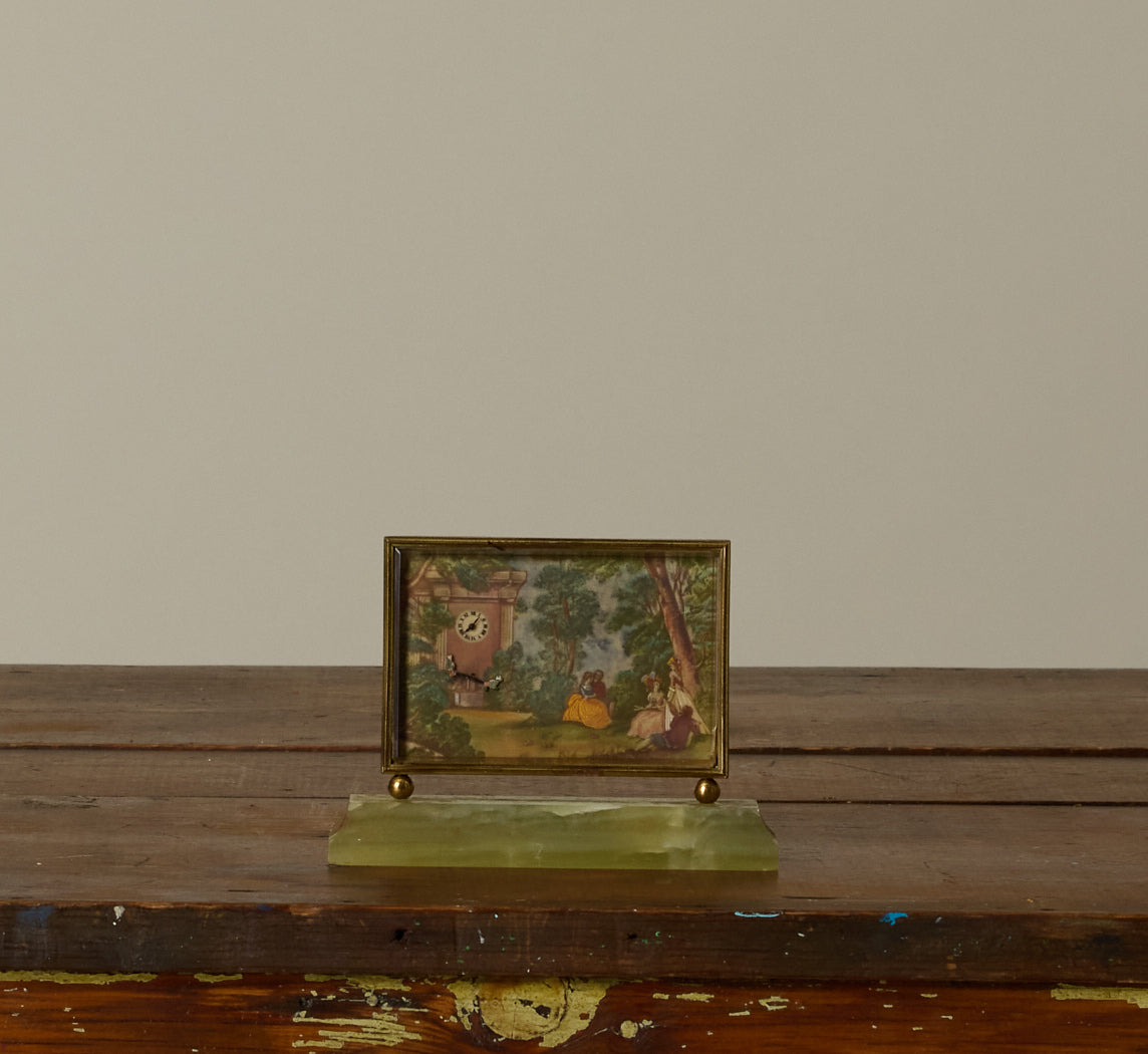 ANTIQUE FRENCH AUTOMATON PICTURE CLOCK ON MARBLE PLINTH