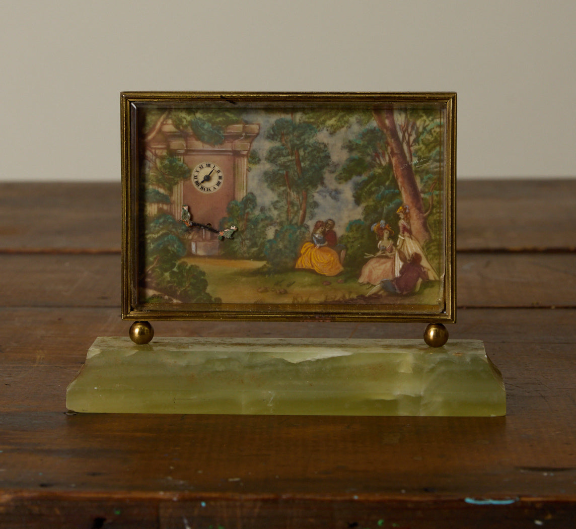 ANTIQUE FRENCH AUTOMATON PICTURE CLOCK ON MARBLE PLINTH