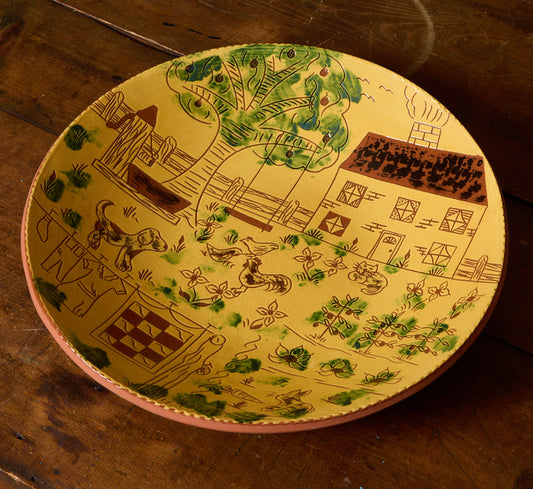 VINTAGE AMERICAN REDWARE FARM SCENE SERVING BOWL