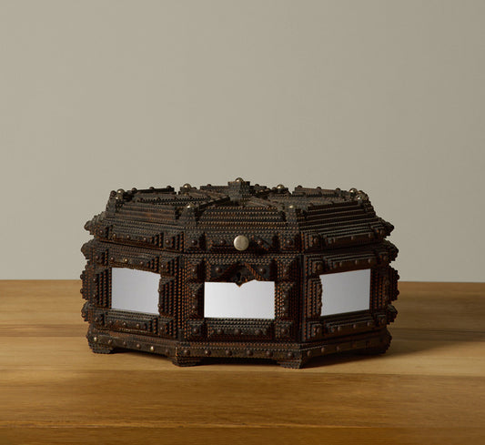 MIRRORED HAND-CARVED TRAMP ART JEWELRY BOX