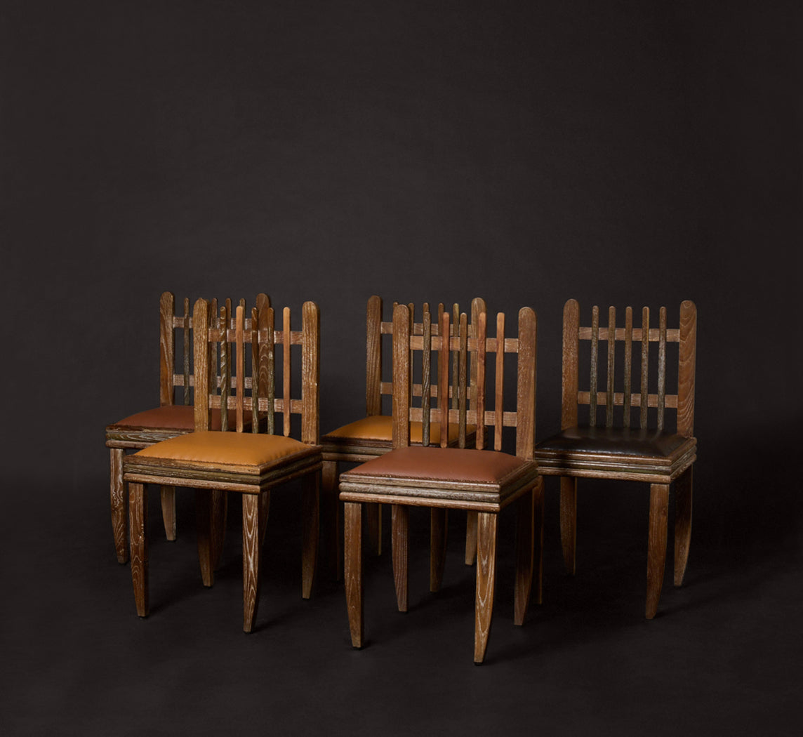 SET OF 5 1930S ITALIAN CERUSED CHESTNUT & LEATHER SIDE CHAIR ATTR. TO ITALO GAMBERINI