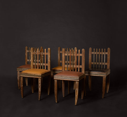 SET OF 5 1930S ITALIAN CERUSED CHESTNUT & LEATHER SIDE CHAIR ATTR. TO ITALO GAMBERINI