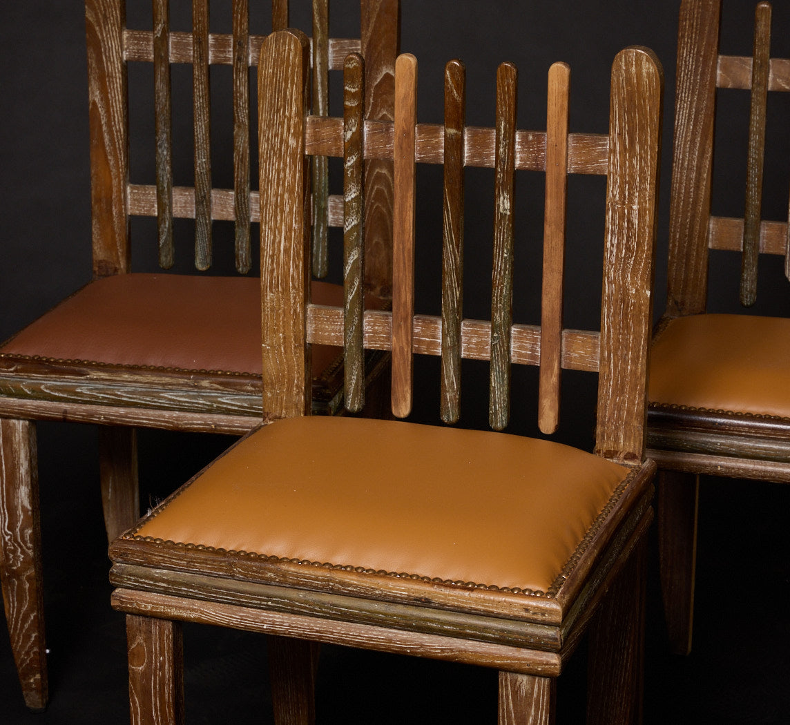 SET OF 5 1930S ITALIAN CERUSED CHESTNUT & LEATHER SIDE CHAIR ATTR. TO ITALO GAMBERINI